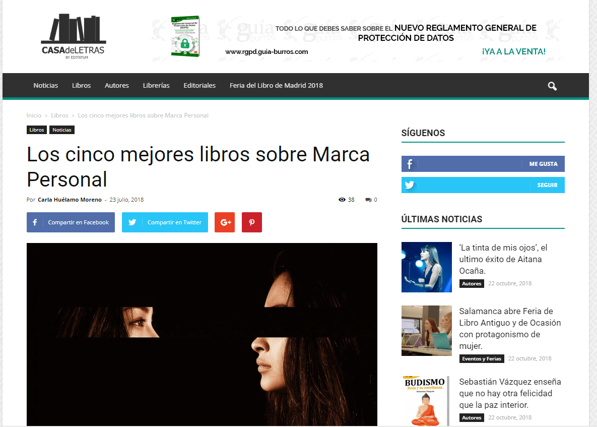 Casa de Letras indica que el GuíaBurros: Marca personal, de María José Bosch, es uno de los mejores sobre esta temática